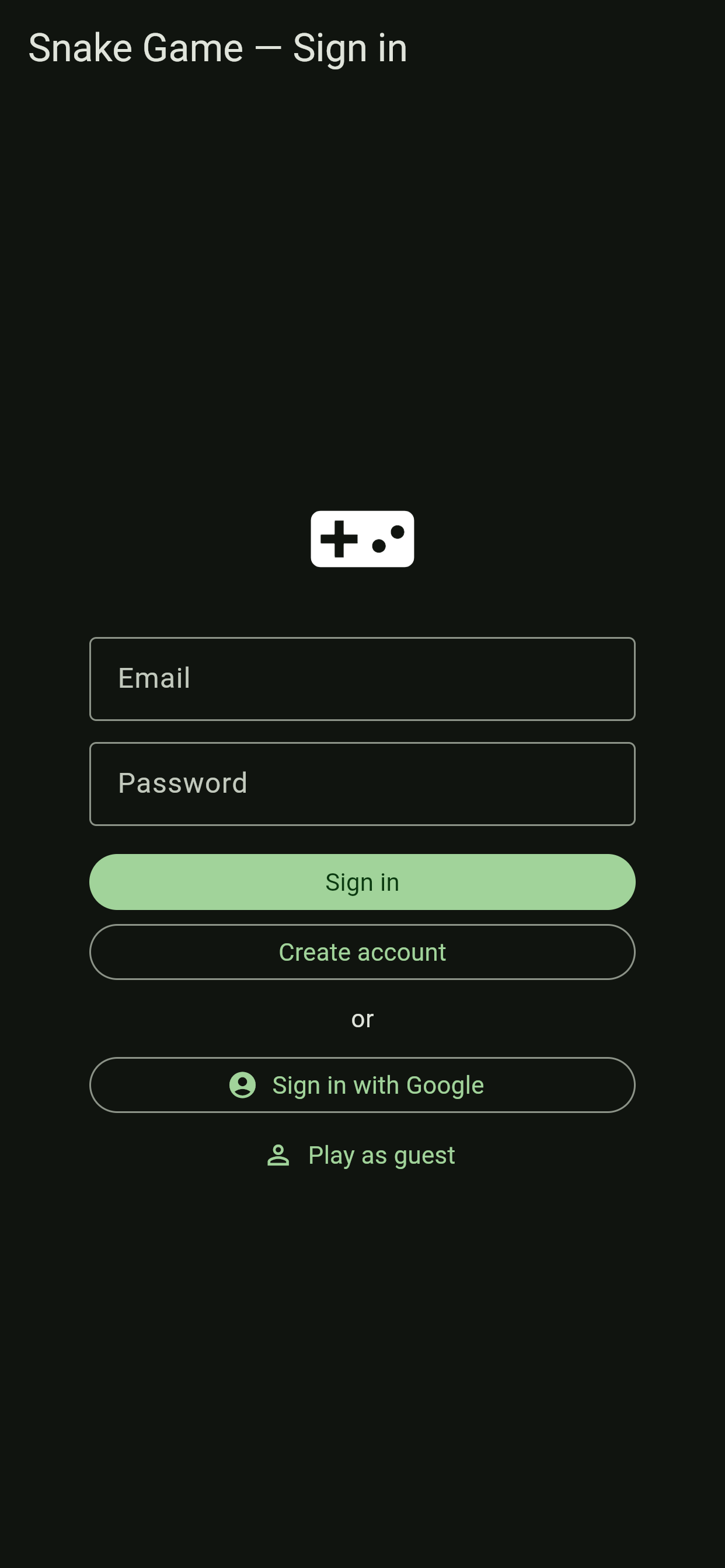 Snake Game sign-in screen with email and Google options